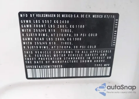 2019 Volkswagen Tiguan 2.0T Se/2.0T Sel/2.0T Sel R-Line/2.0T Sel R-Line Black z USA, uszkodzony, nr VIN 3VV2B7AX3KM178039